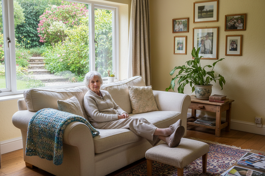 a woman sat on the sofa with her feet resting on a stool. Her room overlooks the garden