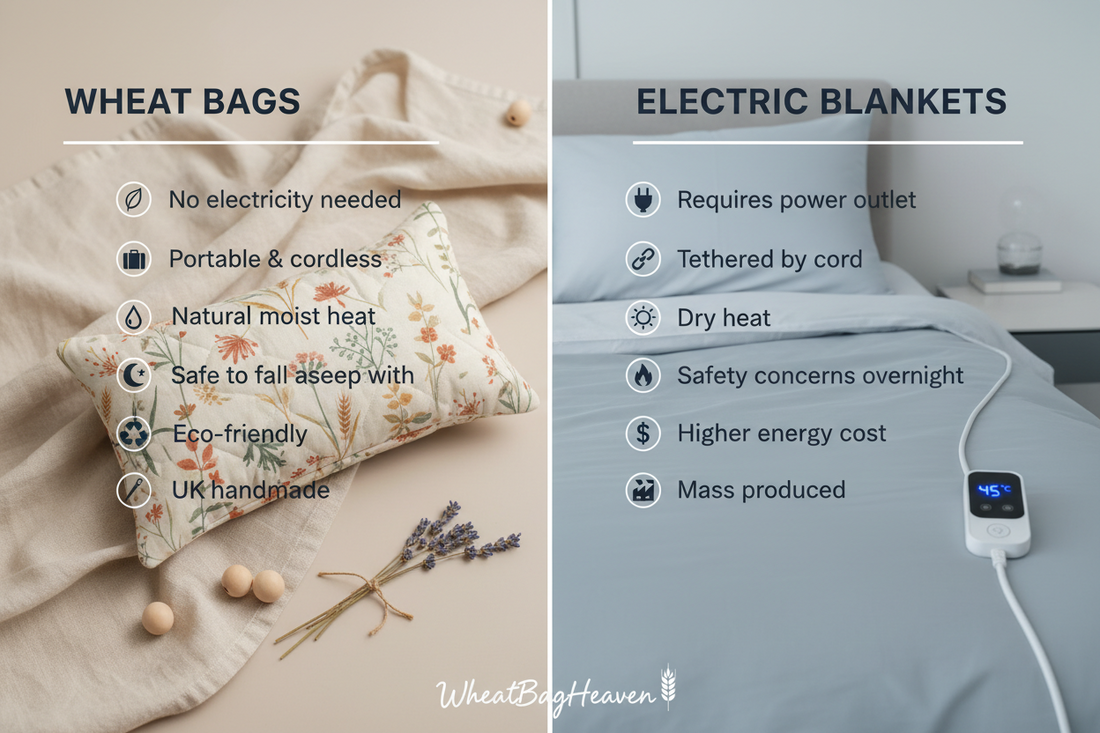 comparison picture of a wheat bag vs electric blanket and their pros and cons text over picture