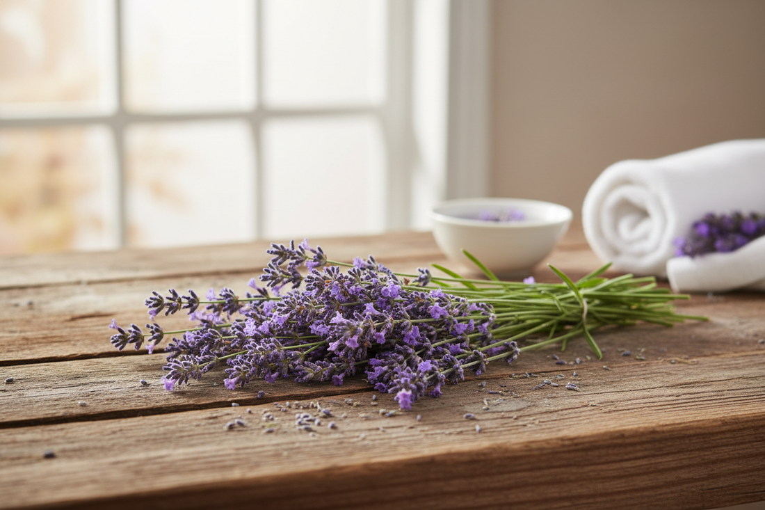 A bunch of freshly cut lavender with therapuetic benefits for sleep, pain and stress management. The lavender sprigs are on a wooden table top with a white bowl and small rolled up white towel in the background. Soft light filtering in through the window.