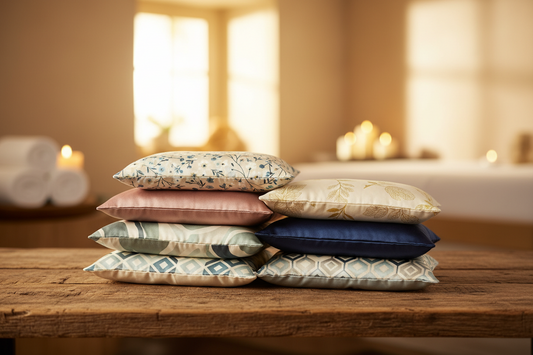 stacked eye pillows on a wooden table top with a blurred background that has candles and towels. A calming, relaxing environment