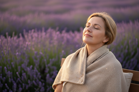A lady sat in a field of lavender, relaxing and inhaling the wonderful calming fragrance of the lavender