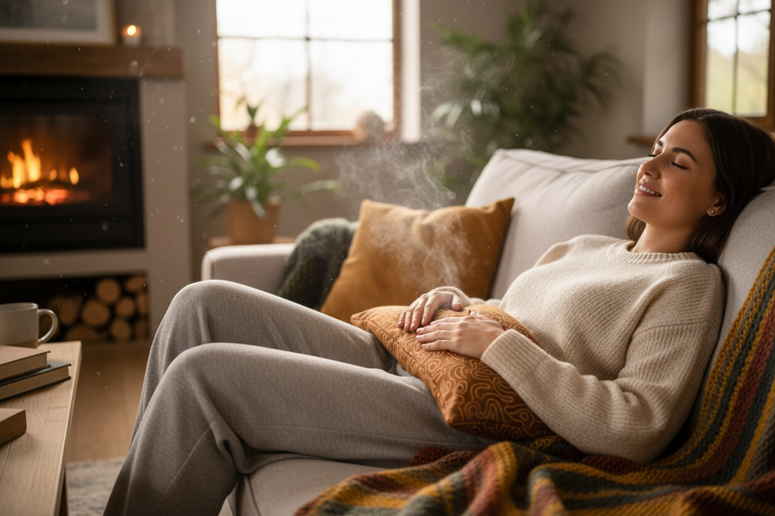 lady sat on the sofa enjoying the soothing benefits of a warmed wheat bag to ease stomach cramps