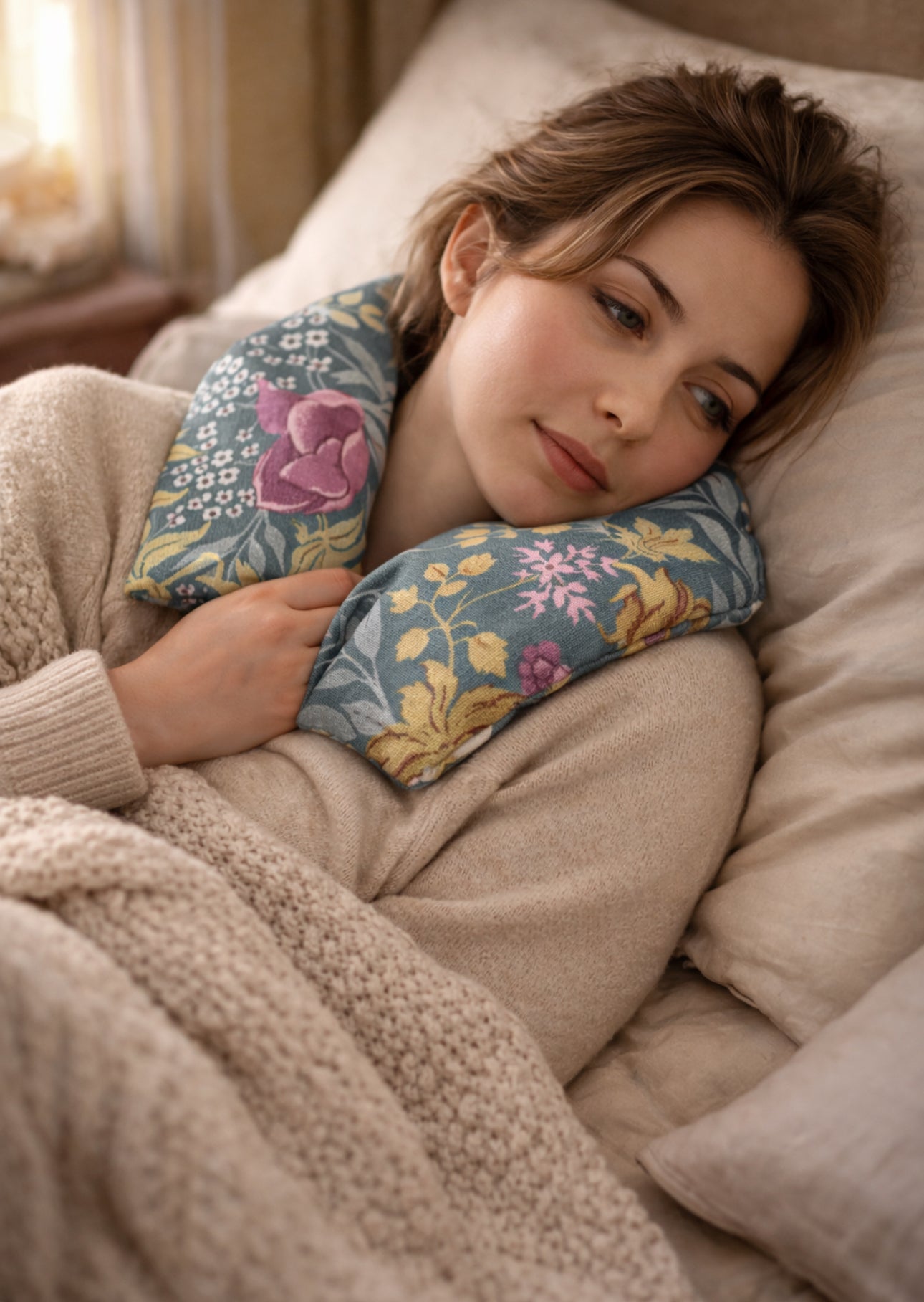 Woman lying in bed with a floral heating pad wheat bag draped around her neck. The wheat bag is not true to size but used to show fabric print of Cottage Garden and a placement to soothe stress and tension held in the neck and shoulders. The bed has beige knitted throw and pillows