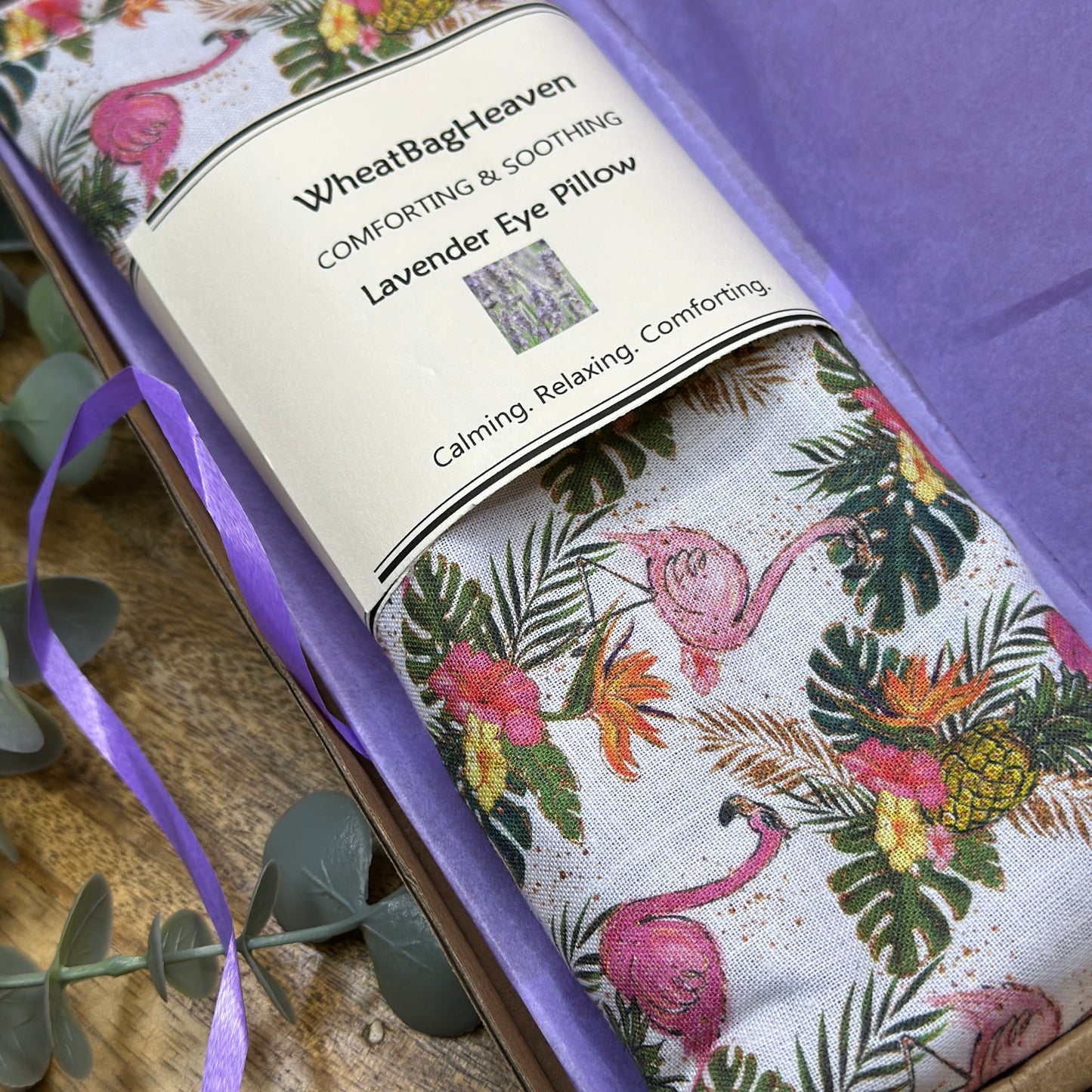 cottage flamingo, floral printed eye pillow sleep mask. handmade by WheatBagHeaven, ready to post letterbox wellbeing gifts