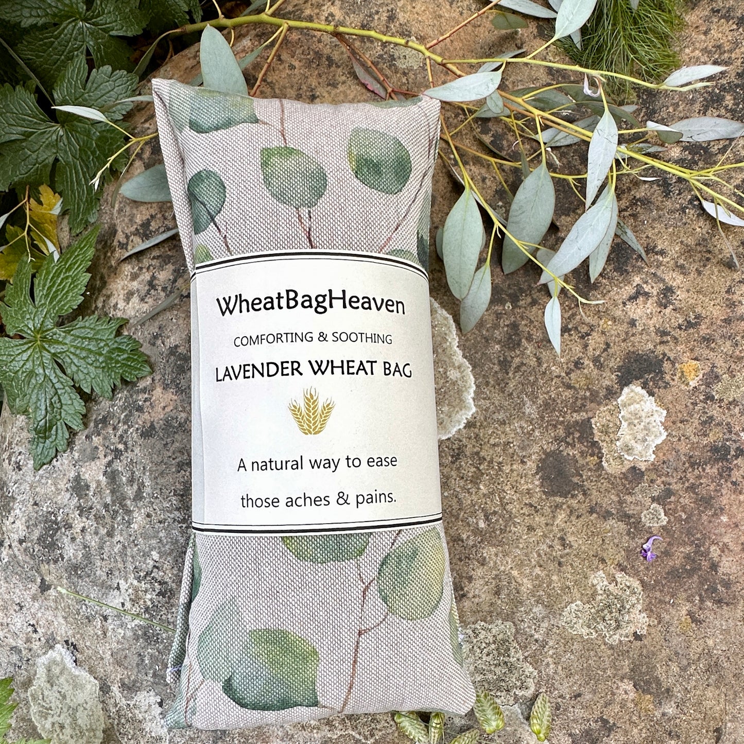 Eucalyptus printed lavender scented wheat bag in the garden.