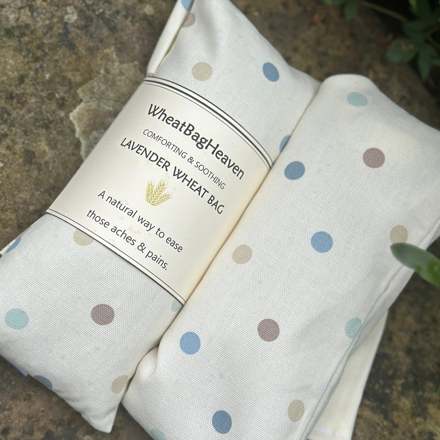 Long cotton wheat bag, lavender scented neck wrap. Hottie heat pad dotty print.