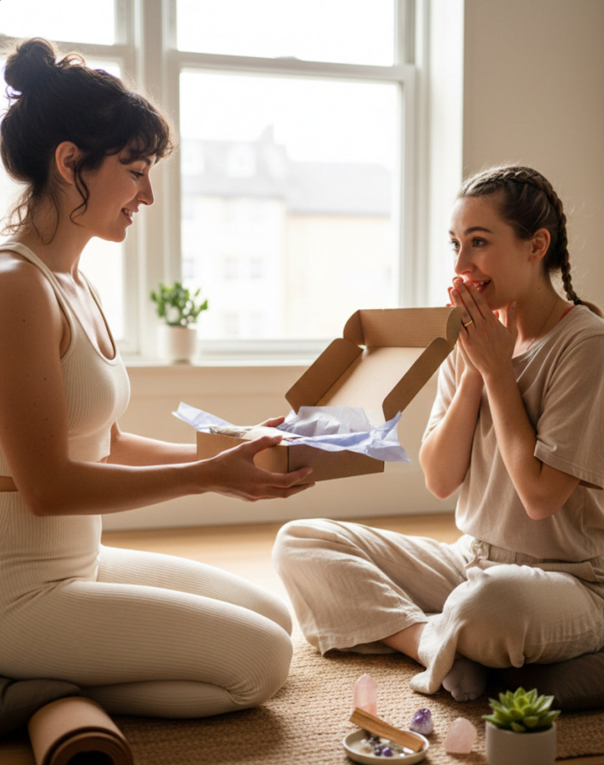 Two women sitting on the floor with a box, one opening it and the other reacting excitedly. In the box i a lavender eye pillow gift, perfect for rest, relaxation and meditation practice