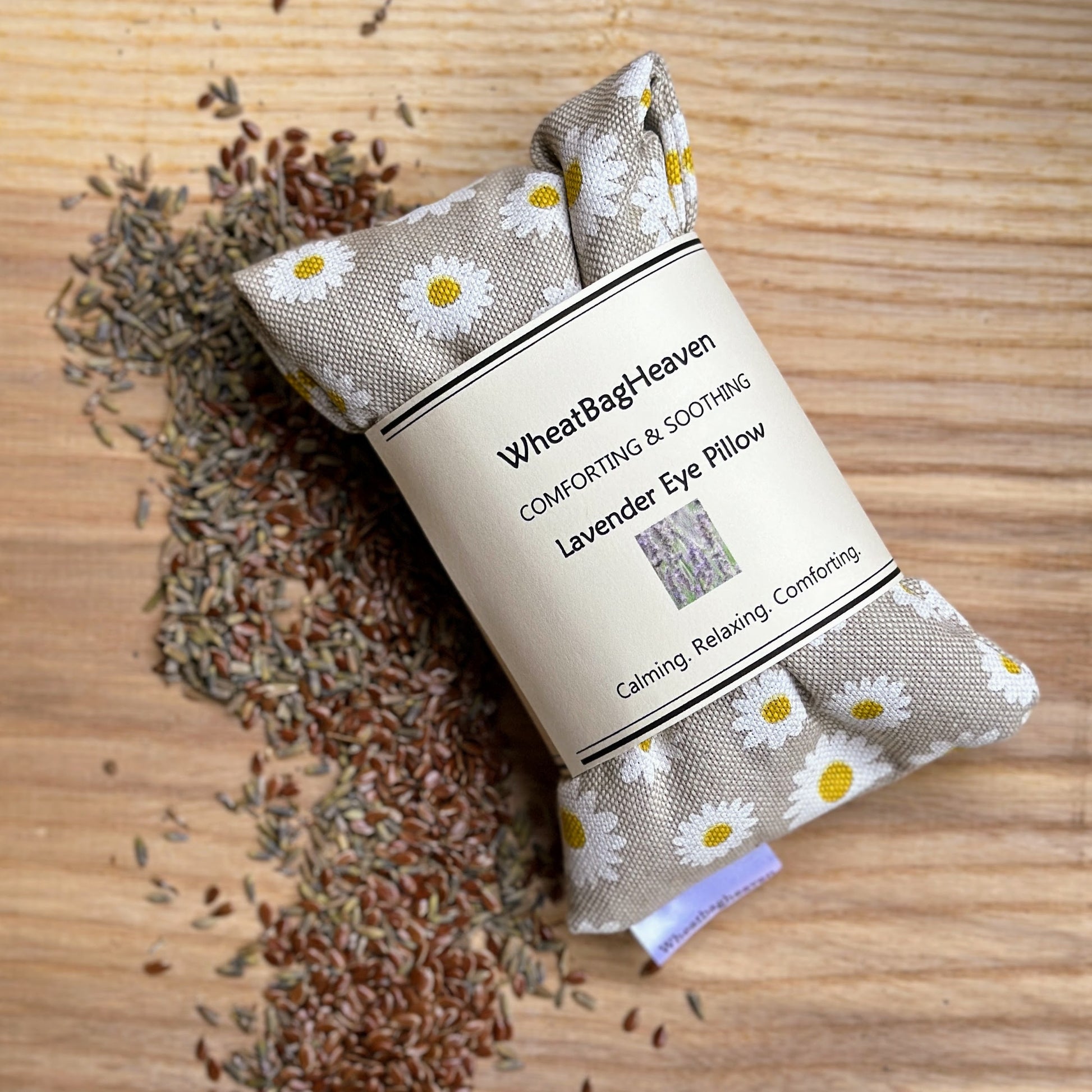 daisy print eye pillow for tired irritated eyes filled with flaxseed and lavender buds