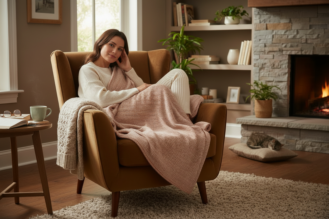 Woman sitting in a cozy armchair with a pink blanket in a warm living room.