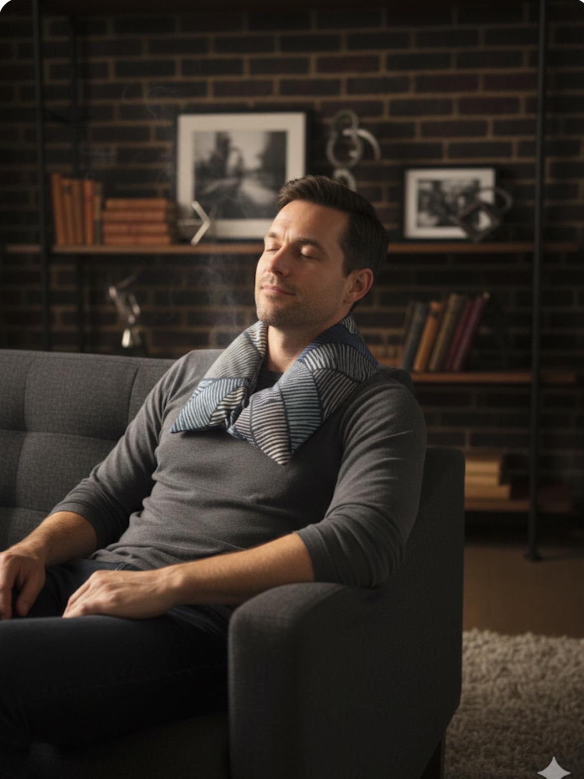  a man sat relaxing on the sofa with a masculine navy and black Aztec Abstract print microwavable heat pack around his neck. This is the perfect practical gift for the man who deserves a moment of relaxation and self-care.

Filled with British wheat and English lavender,