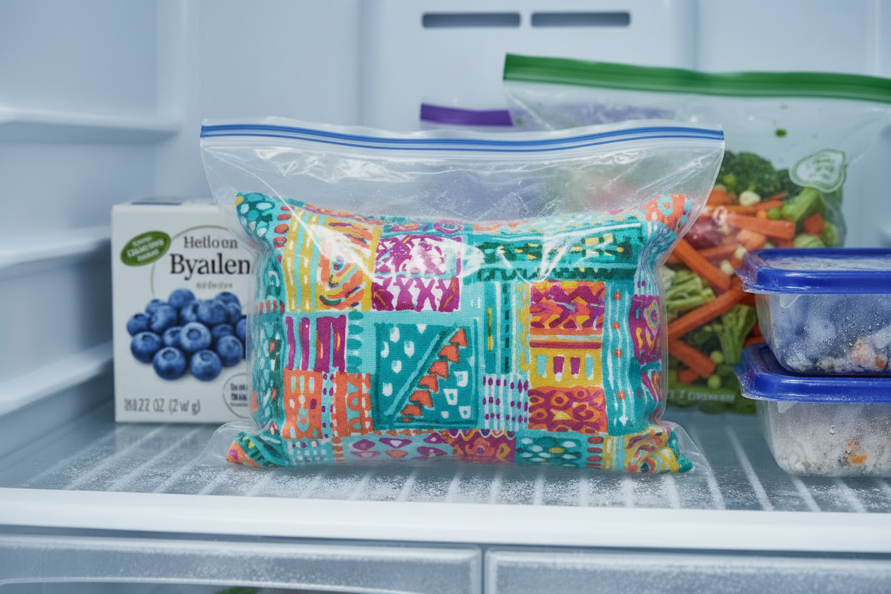 Colorful lavender scented wheat bag on a freezer shelf with a box of blueberries and containers of vegetables.
