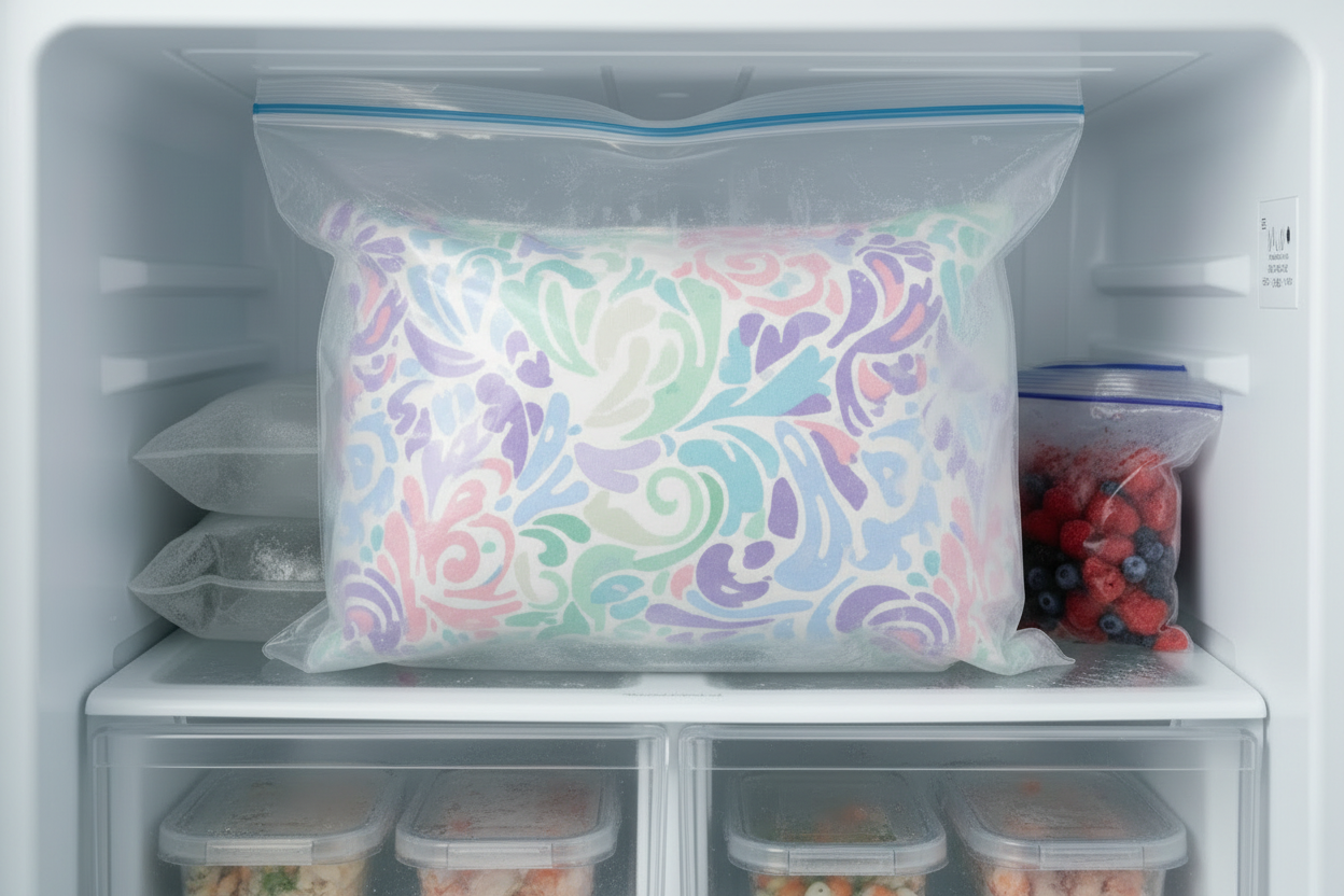 Colorful floral-patterned wheat bag inside a freezer in a freezer bag with other food items.