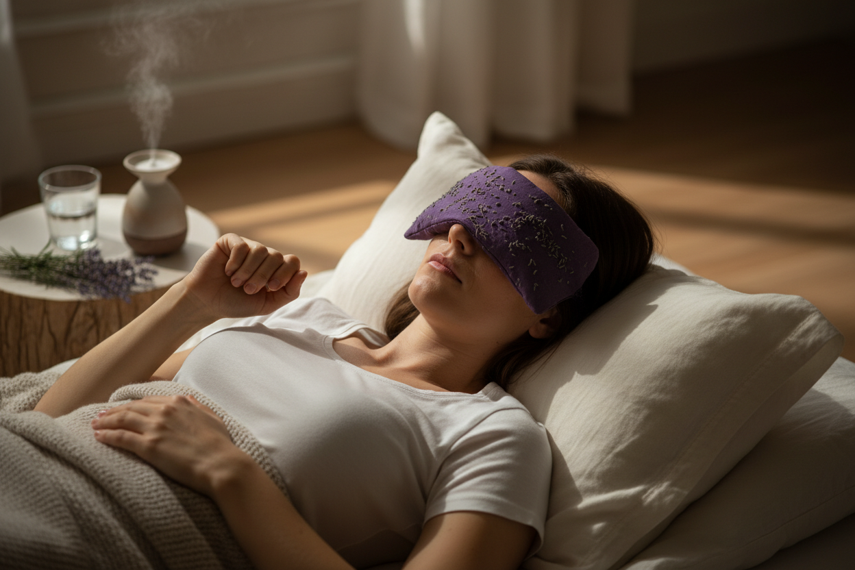 Woman lying with a purple eye pillow across her forehead and eyes, surrounded by a calm and relaxing atmosphere.