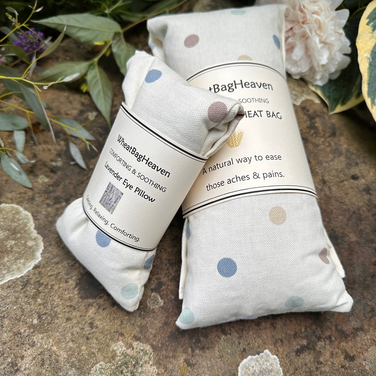 Long cotton wheat bag, lavender scented neck wrap and eye pillow, dotty print.