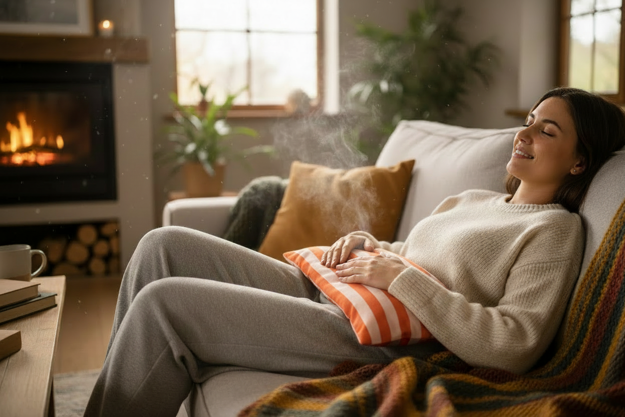 lady sat enjoying the benefits of a warmed long narrow wheat bag across stomach, relieving and soothing stomach cramps 