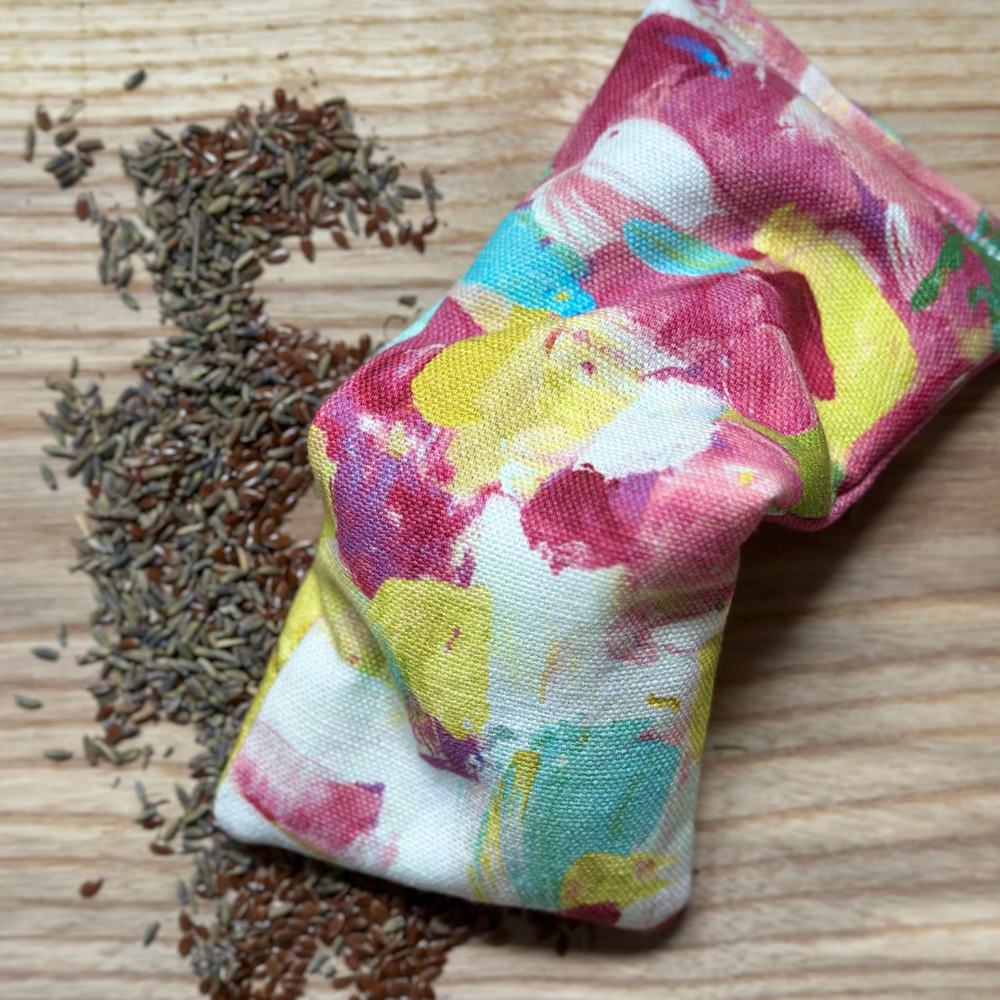close up of abstract printed cotton fabric used for eye pillow filled with flax seed and lavender from wheat bag heaven