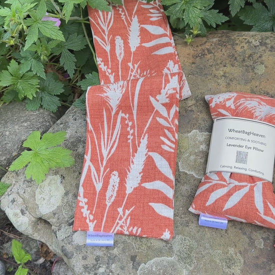 Short video of our orange, grass printed wheat bags and eye pillows with fabric close up from wheat bag heaven