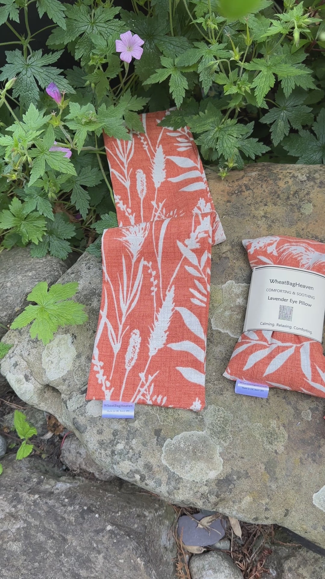 Short video of our orange, grass printed wheat bags and eye pillows with fabric close up from wheat bag heaven