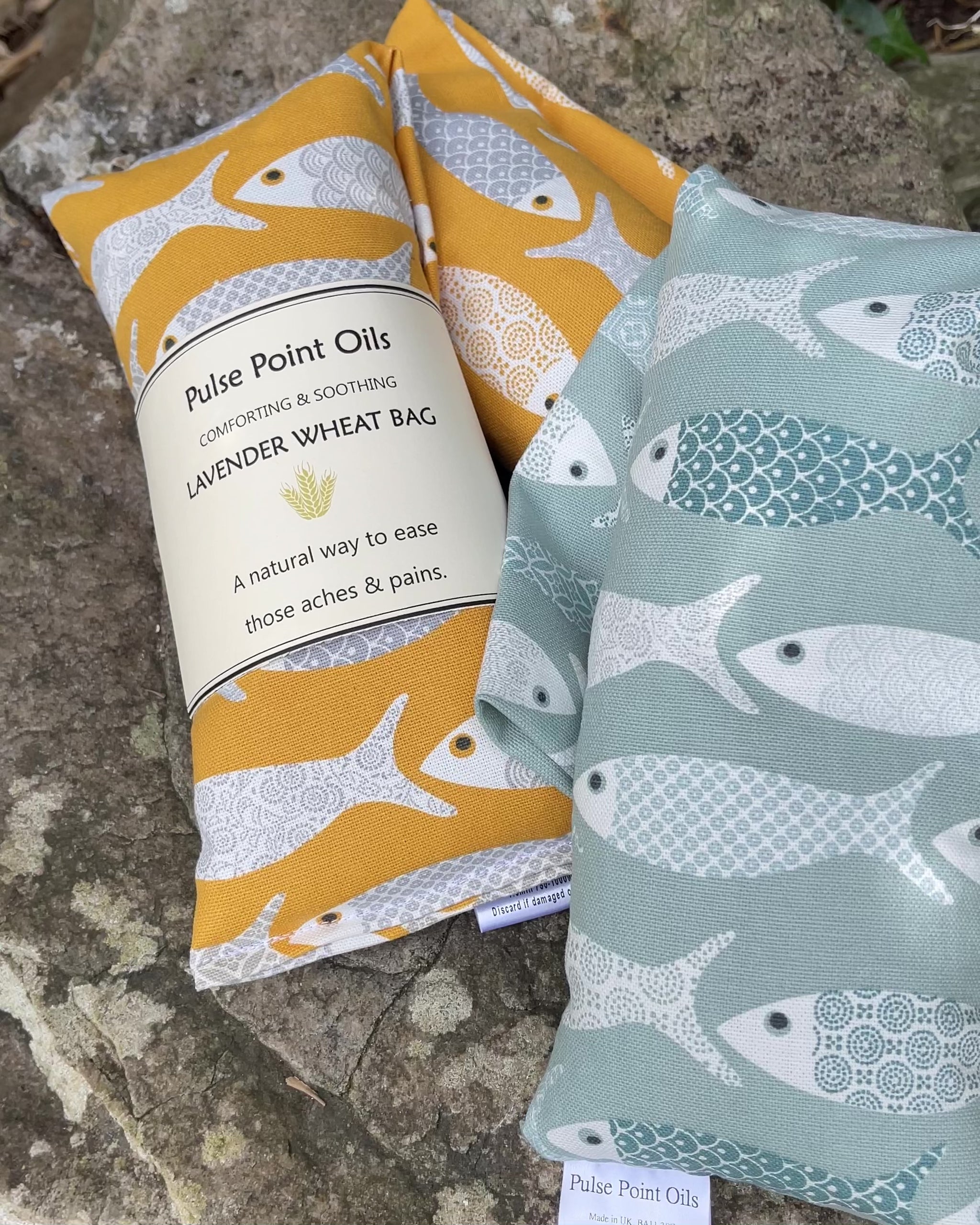 Long lavender scented wheat bags, in a floral fish print. 