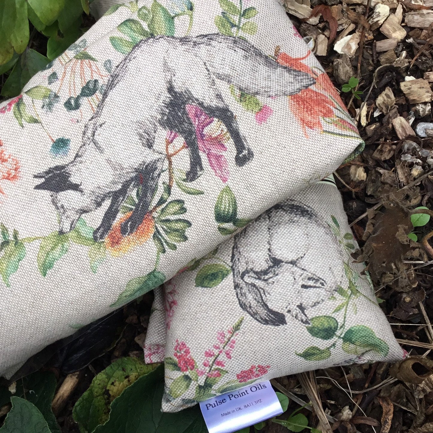 lavender wheat bag. Urban garden fox print, for soothing aches and pains.