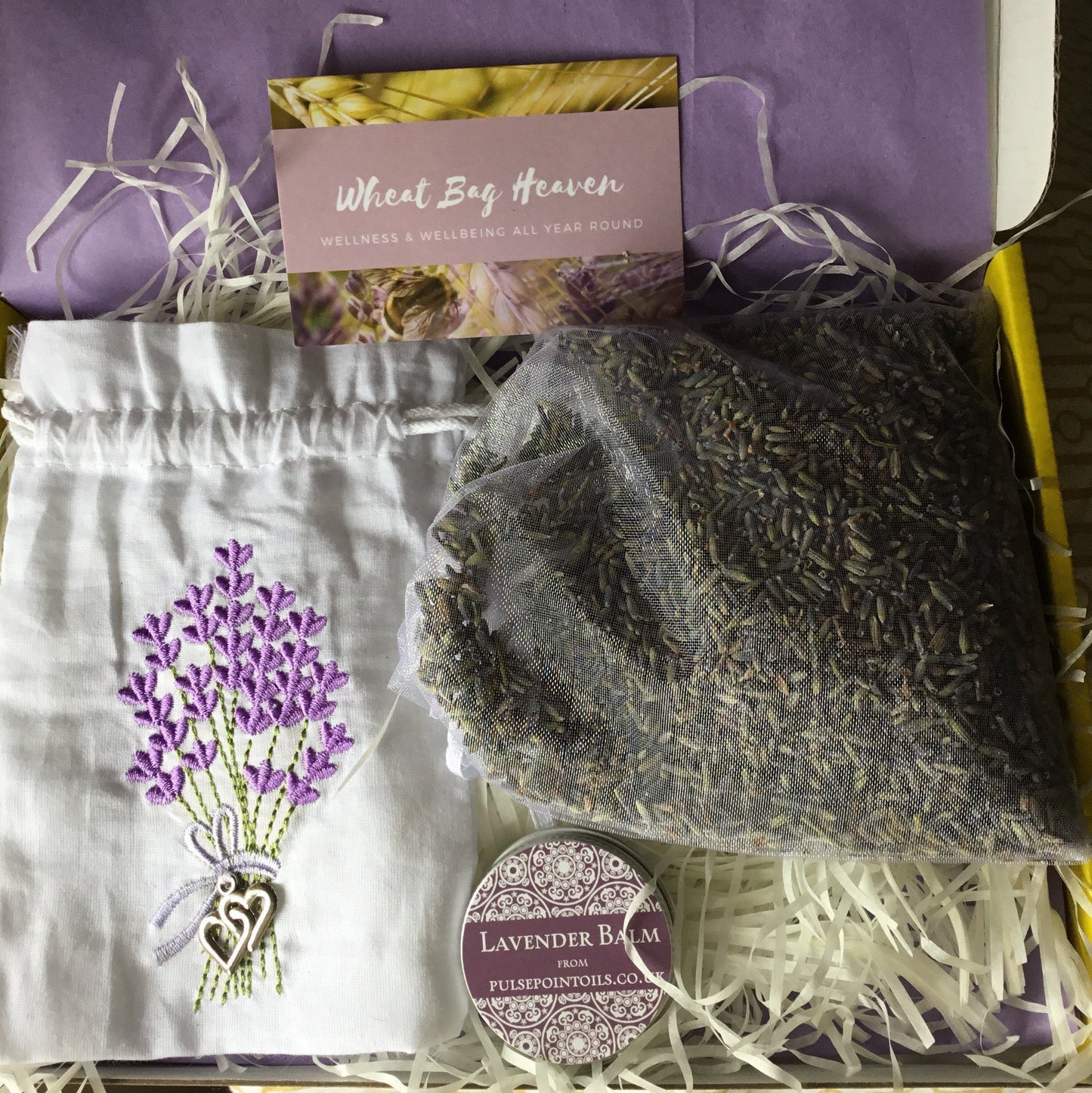 Embroidered Lavender bag plus wellbeing balm. Lavender embroidered bag.