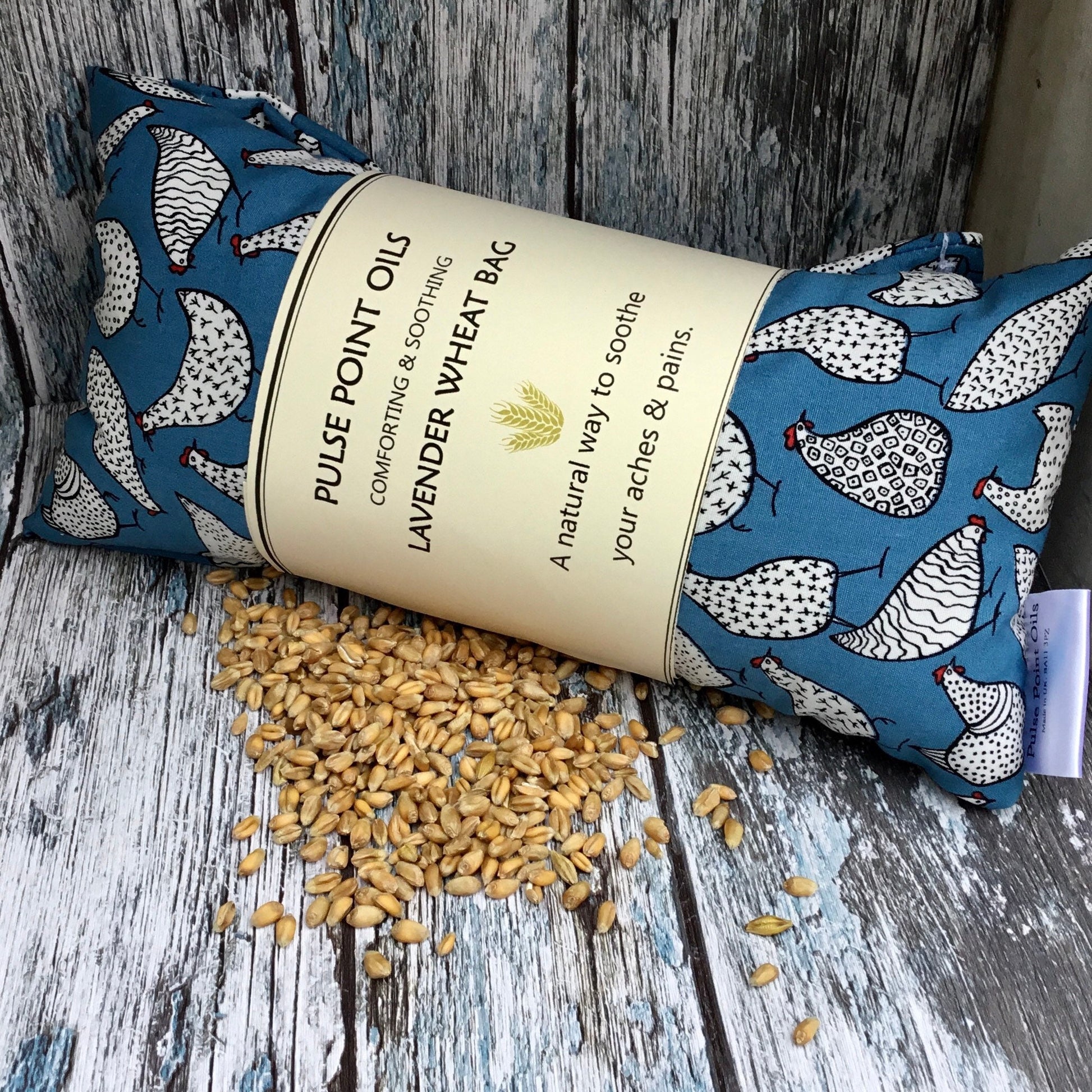 Lavender scented heat pad. Wheat bags a practical, eco friendly wellbeing gift, blue french hen get well gift.