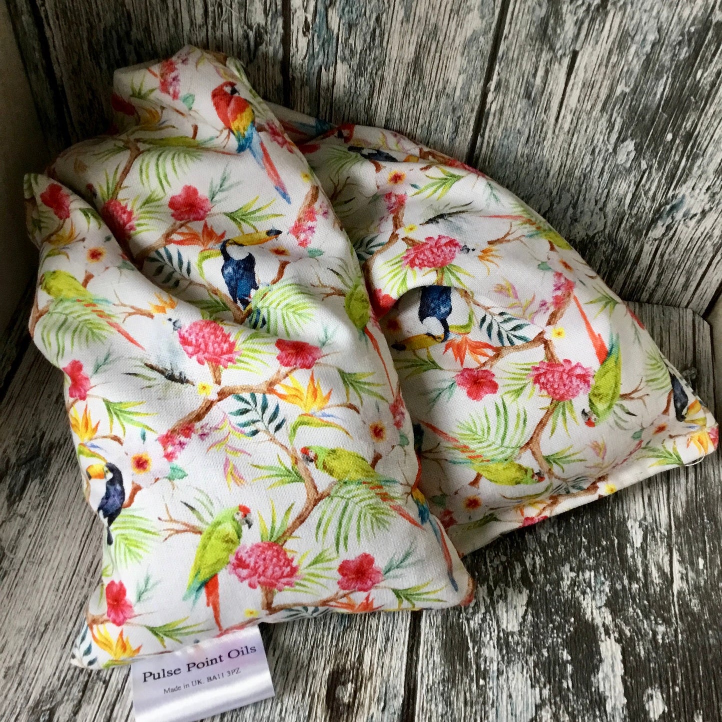 tropical birds, parrot printed lavender scented long cotton wheat bags for self care gift