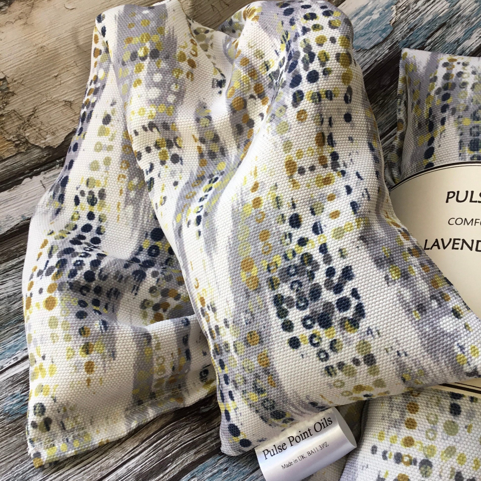 Men’s long cotton wheat bags. Beige dotty lavender scented stocking filler heating pad.