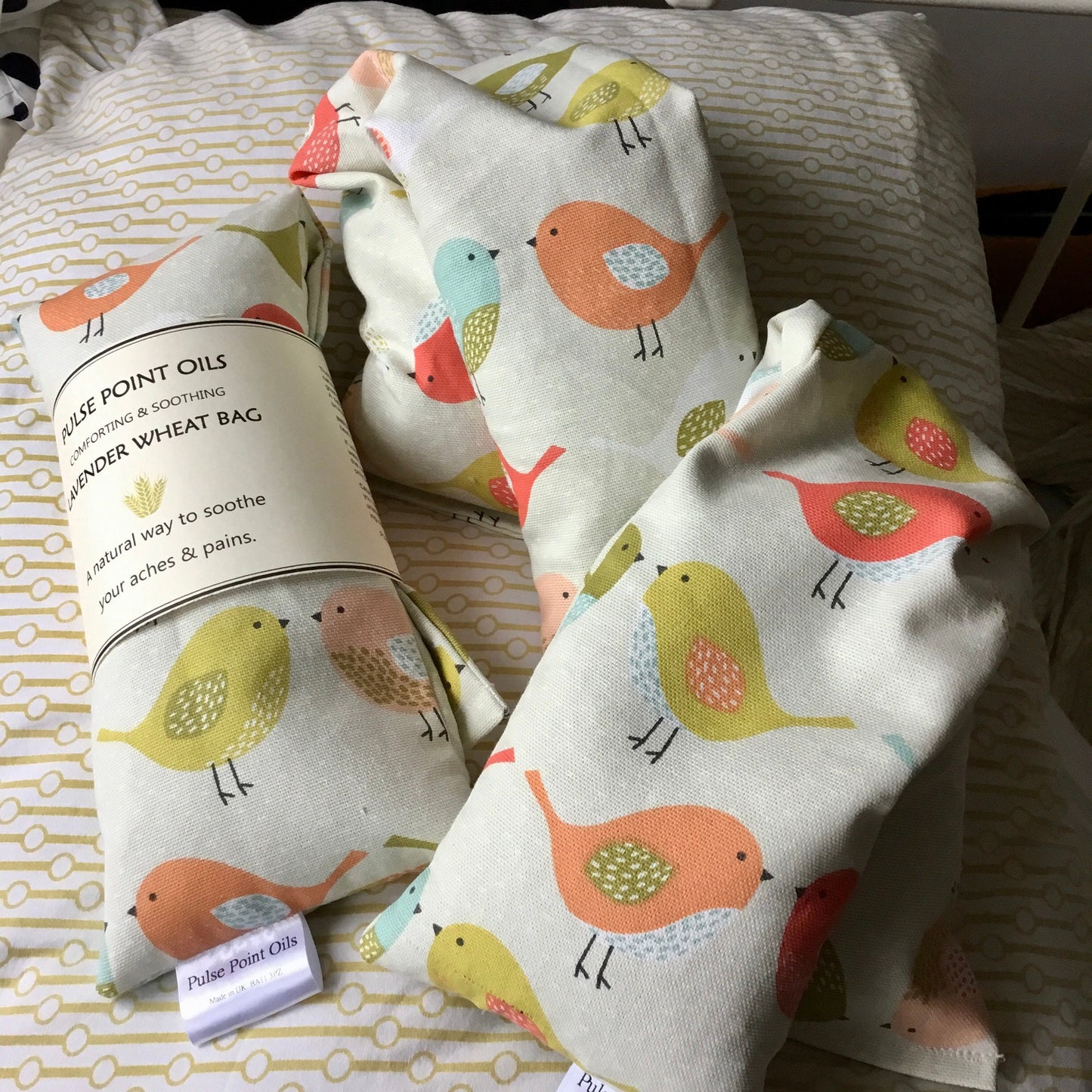 Bird printed cotton fabric wheat bags for children. warming and comforting when illness strikes. hot/cold compress for kids