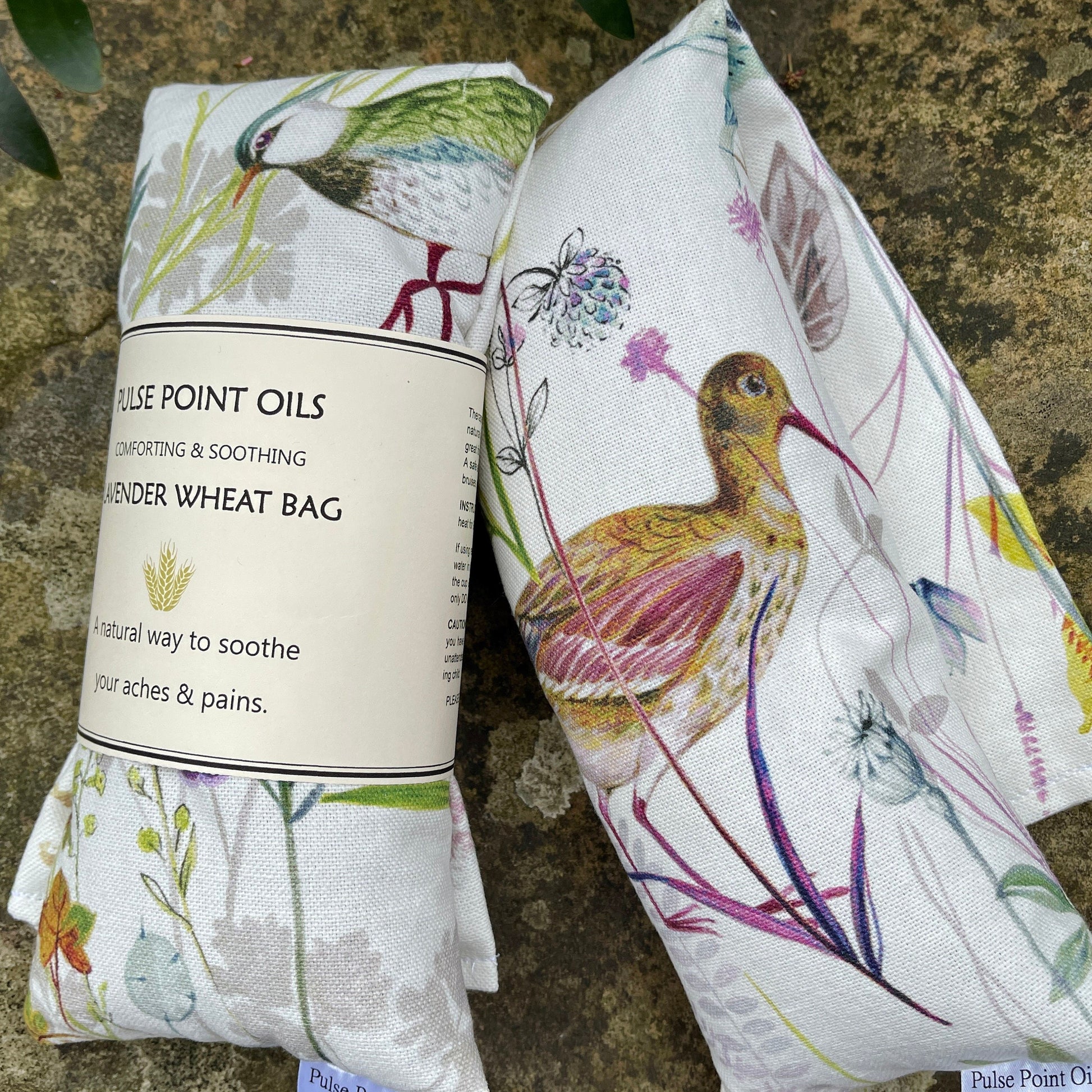 Botanical printed lavender scented wheat bag from wheat bag heaven, made in Somerset depicting wetlands nature habitat