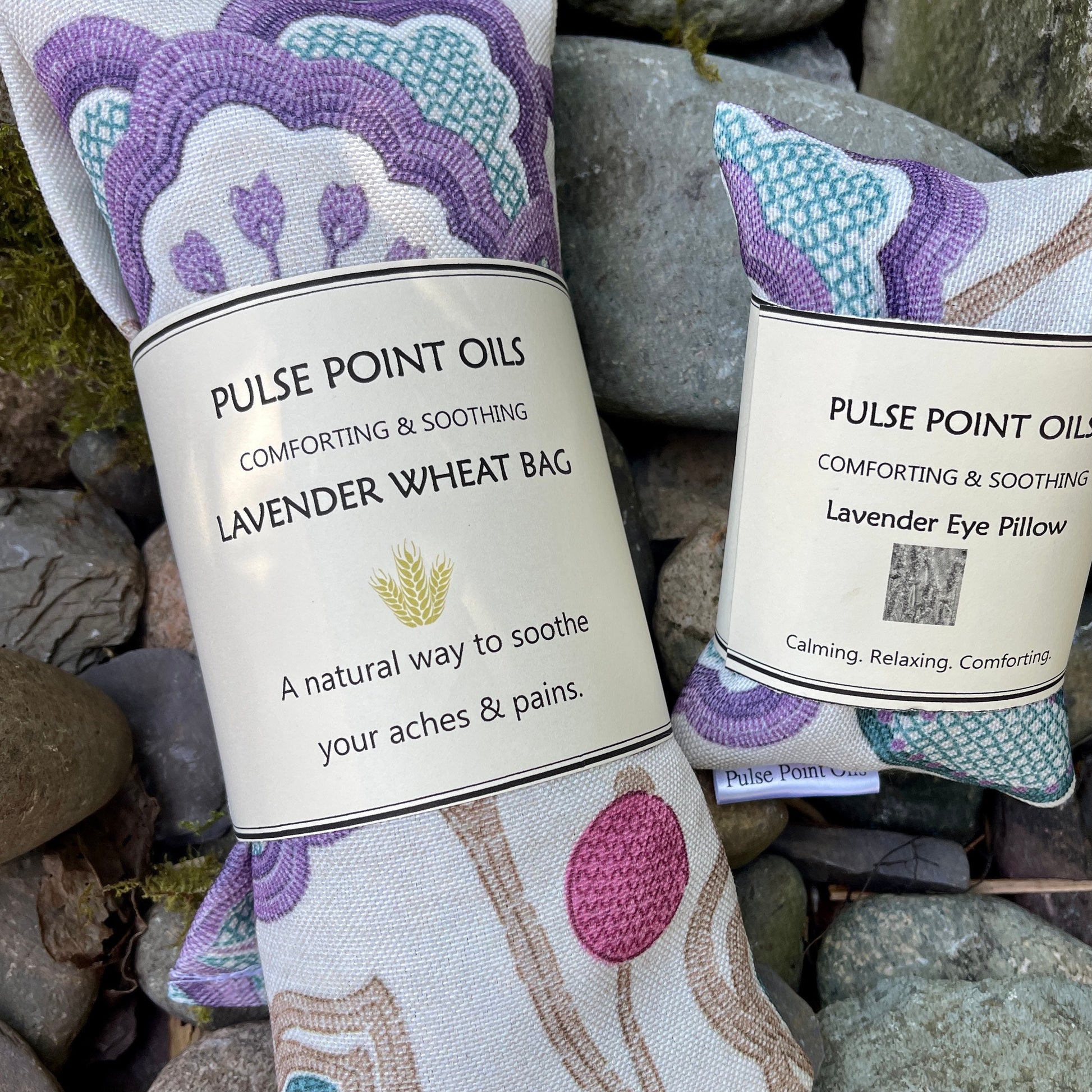 Lavender scented wheat bags. Heat pad body warmer. Magnolia with purple, pink and blue print. Lavender eye pillow.