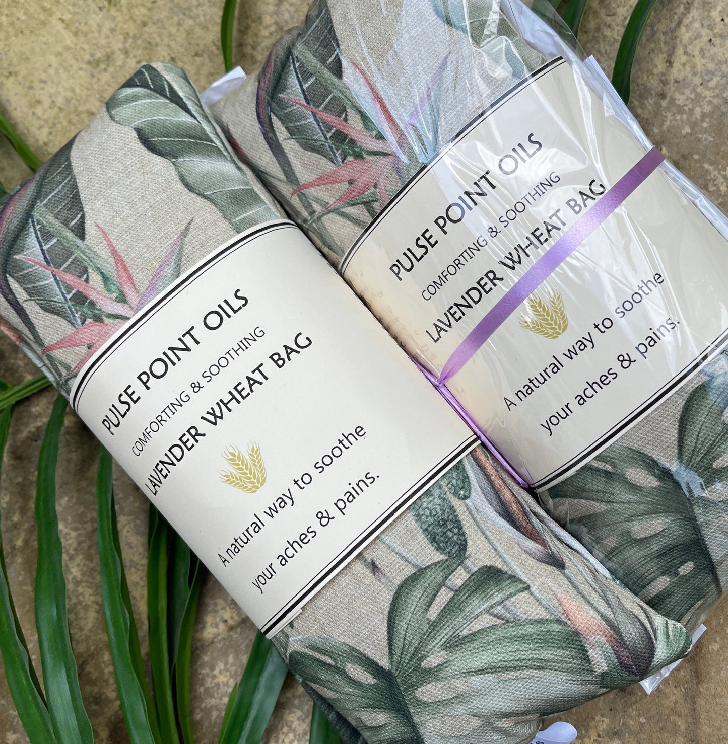 Lavender wheat bags, wellness and wellbeing gifts in tropical paradise print