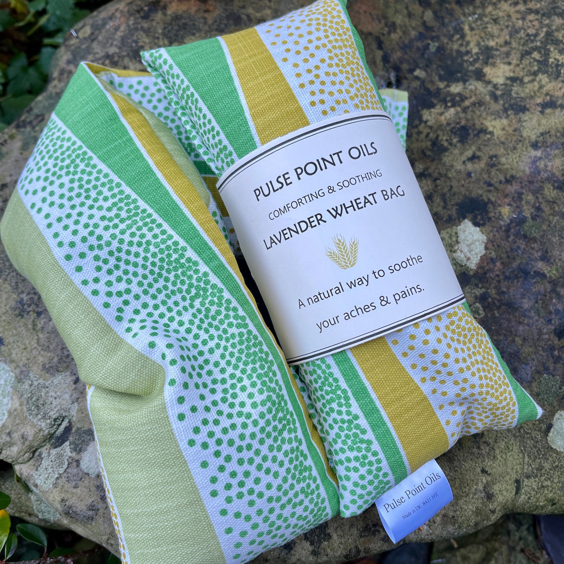 Zesty lime wave printed long wheat bag, for eco friendly wellbeing and wellness. 