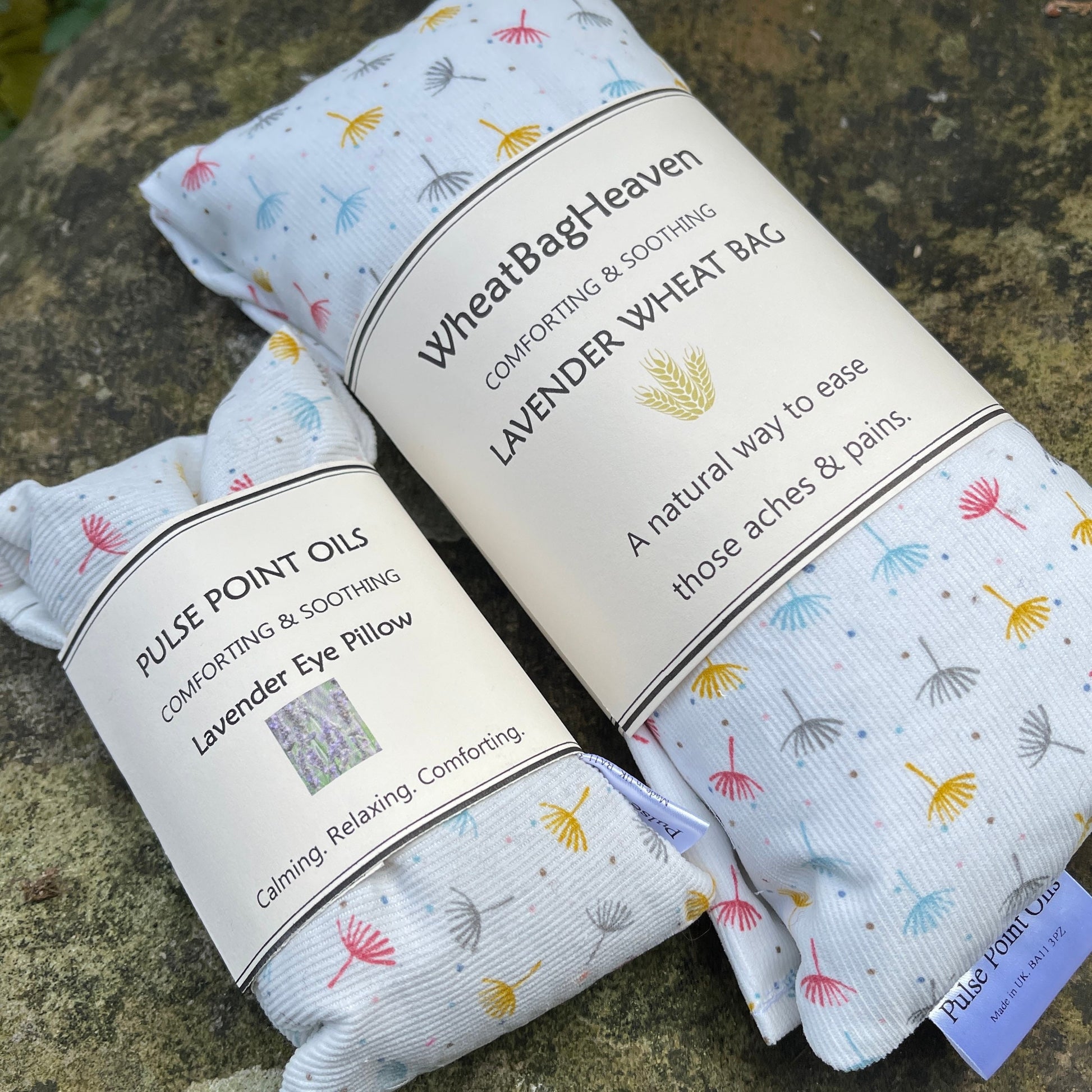 Light blue printed long cotton wheat bags with lavender. Natural pain relief heat pad. 