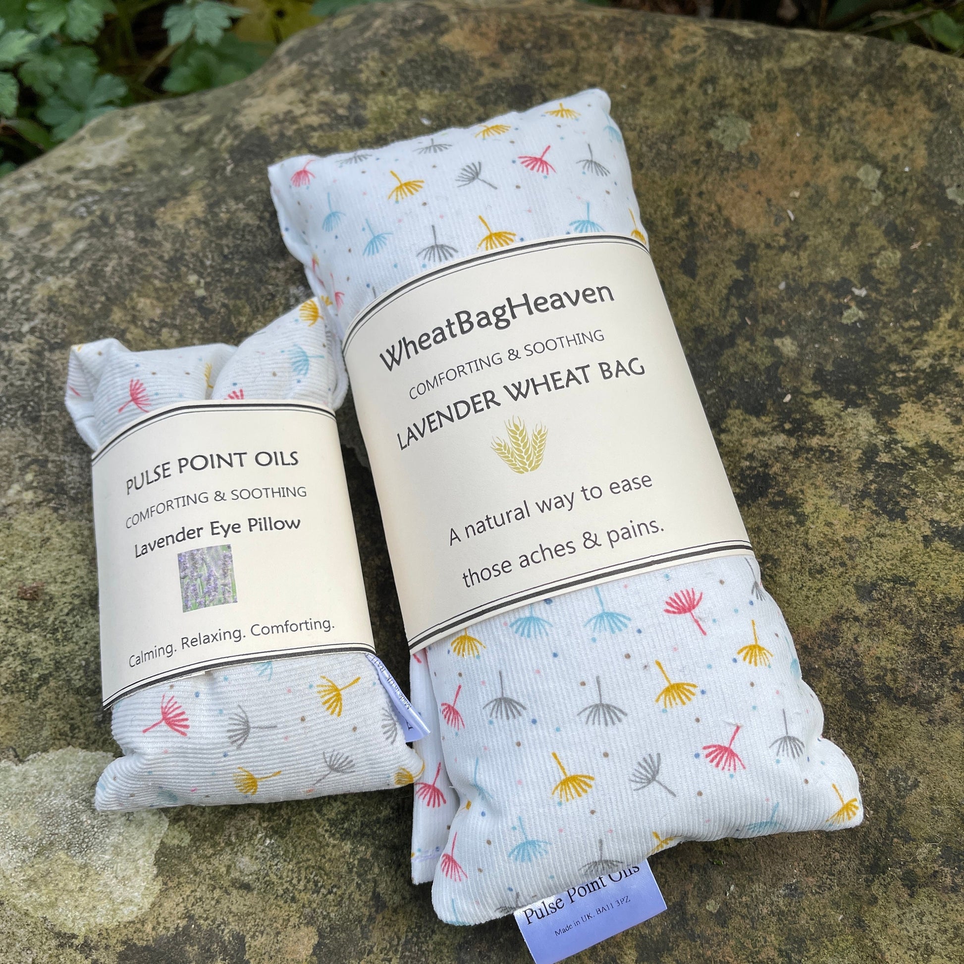 Light blue printed long cotton wheat bags and eye pillows with lavender.
