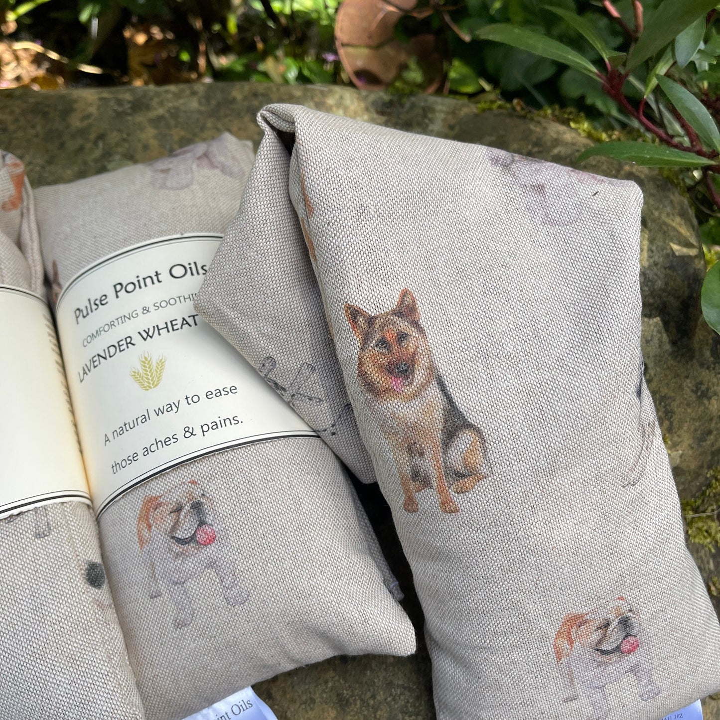two lavender scented wheat bags dog print of alsatian and bulldog 