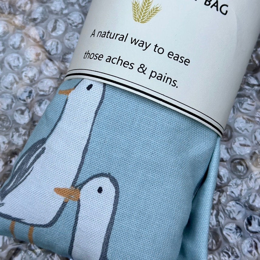 seagull print heatable neck wrap, lavender scented long wheat bag
