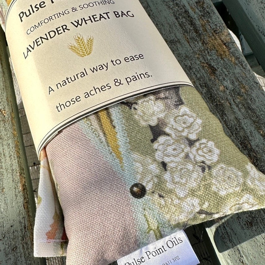 close up of lavender scented long wheat bags.  The chateau collection patchwork print