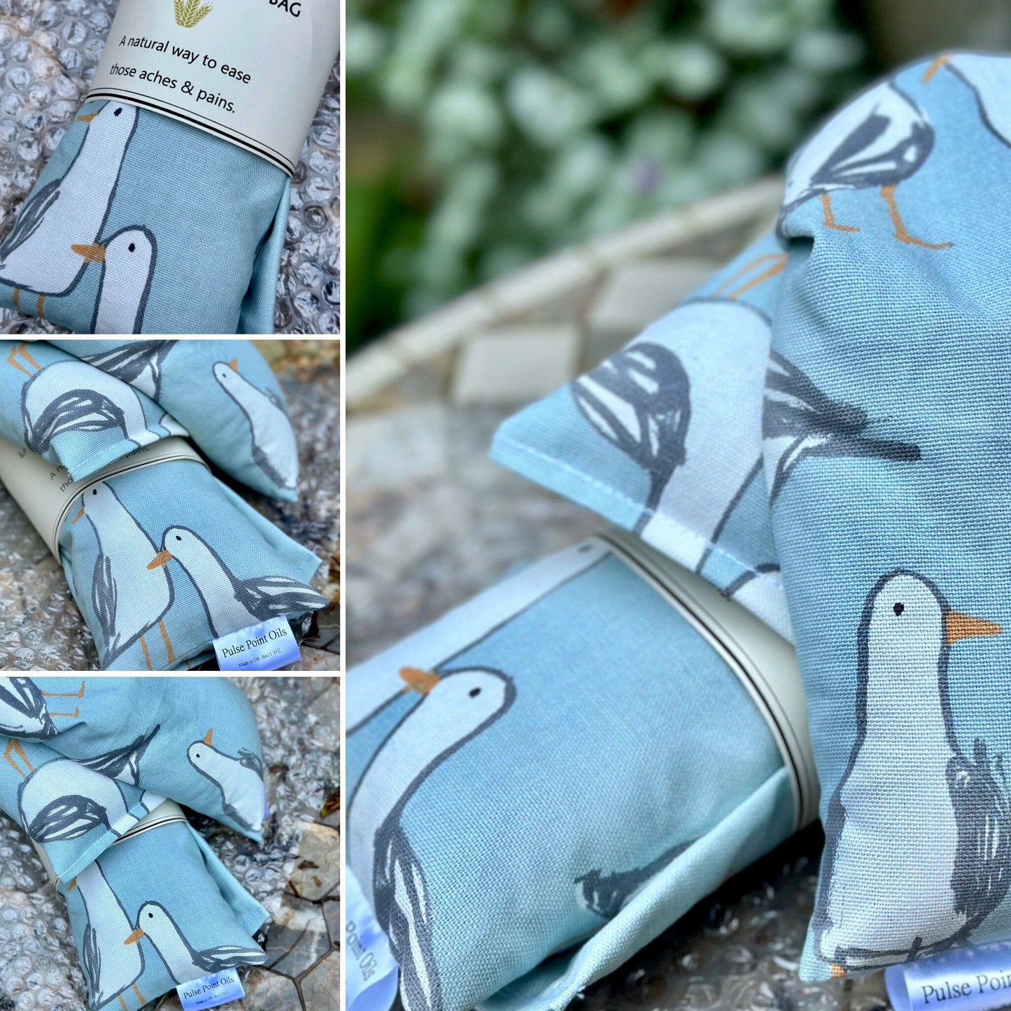 multiple photos of the lavender scented long wheat bag, seagull print Heat pad body warmer.