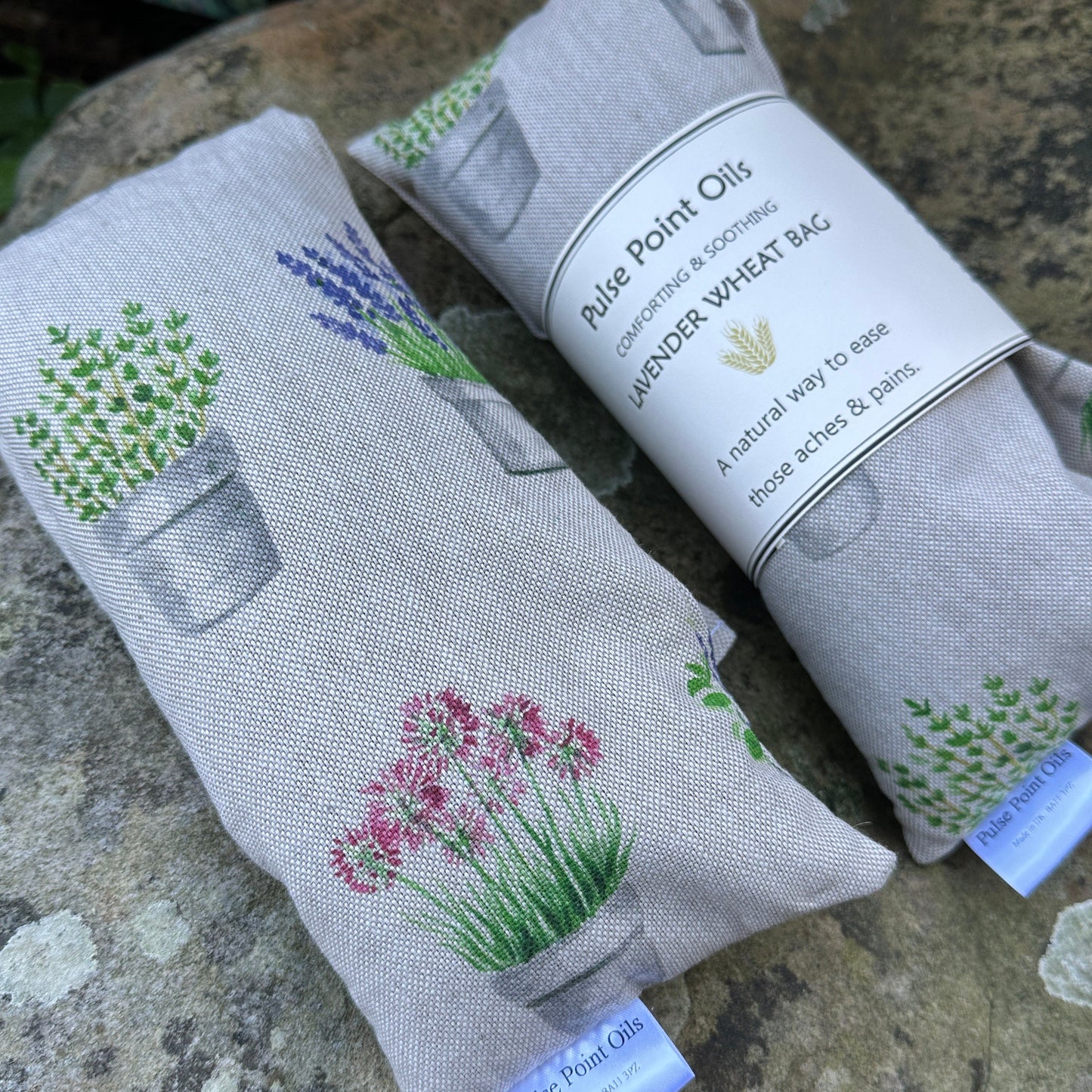 two Lavender scented wheat bags. Potted plants printed cotton wrap
