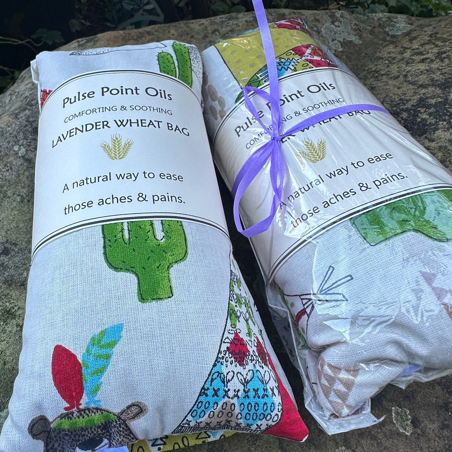 Re-usable wellness gift, heat pack body warmer wheat bag with whole wheat and English lavender to aid calm and relaxation.