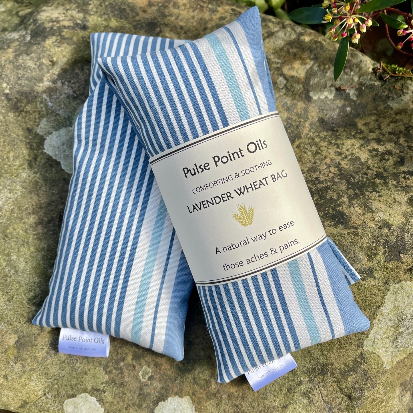 Scented wheat bag, lavender denim blue stripe hottie heating pad, body warmer for wellness and relaxation.