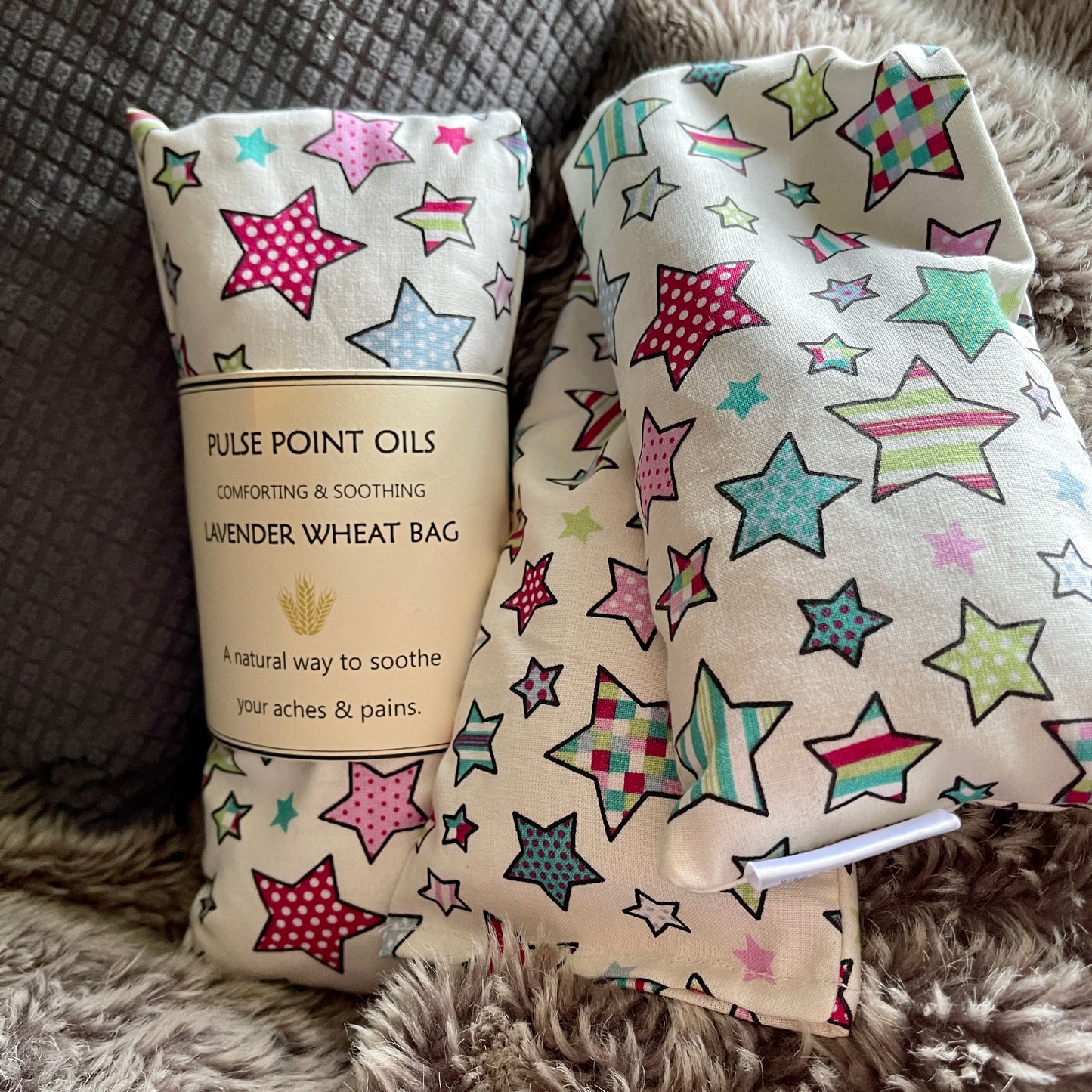 A collection of dotted star printed lavender wheat bags.