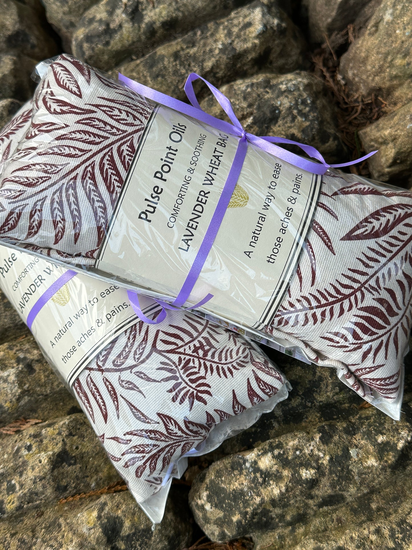 red fern print wheat bag with lavender scent warming heat wrap for the gardener, handcrafted in Somerset 