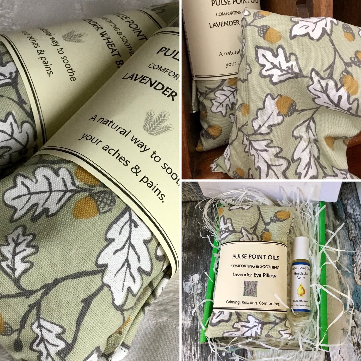 A collection of wheat bags and eye pillows in acorn wood print, lavender scented